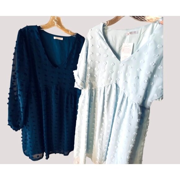 2 Swiss Dot Chiffon V-Neck Dresses Long Sleeve & Short Sleeve - Picture 1 of 13